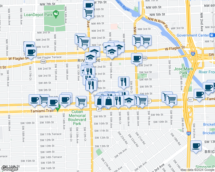 map of restaurants, bars, coffee shops, grocery stores, and more near 1060 Southwest 5th Street in Miami