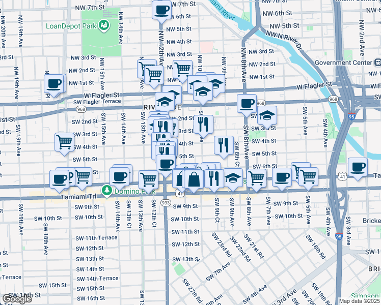map of restaurants, bars, coffee shops, grocery stores, and more near 1060 Southwest 5th Street in Miami