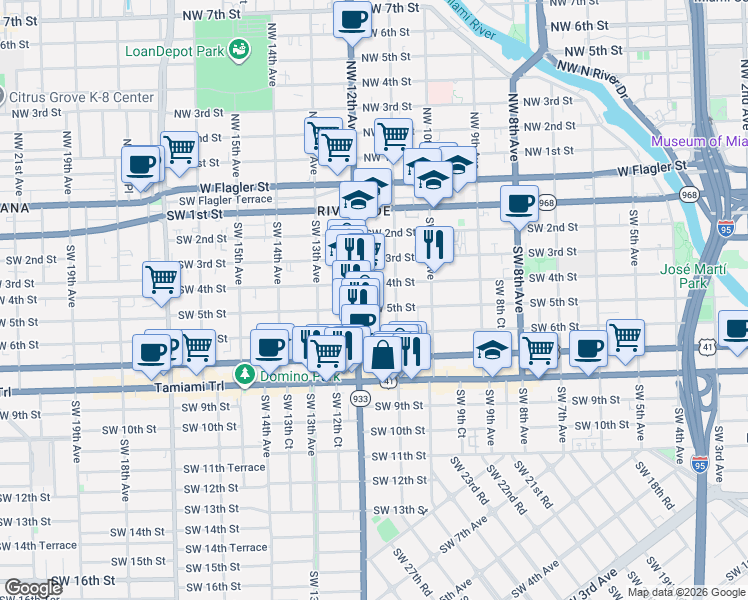 map of restaurants, bars, coffee shops, grocery stores, and more near 1160 Southwest 5th Street in Miami