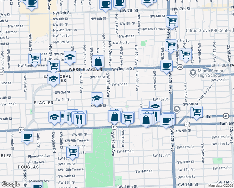 map of restaurants, bars, coffee shops, grocery stores, and more near 3167 Southwest 4th Street in Miami