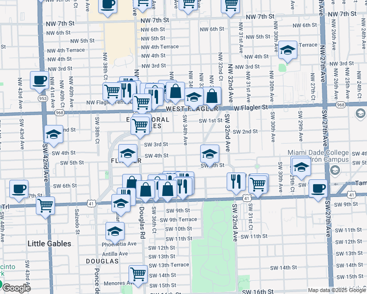 map of restaurants, bars, coffee shops, grocery stores, and more near 350 Southwest 34th Avenue in Miami