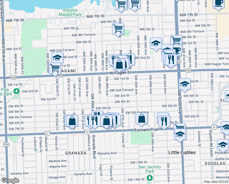 map of restaurants, bars, coffee shops, grocery stores, and more near 4740 Southwest 3rd Street in Coral Gables