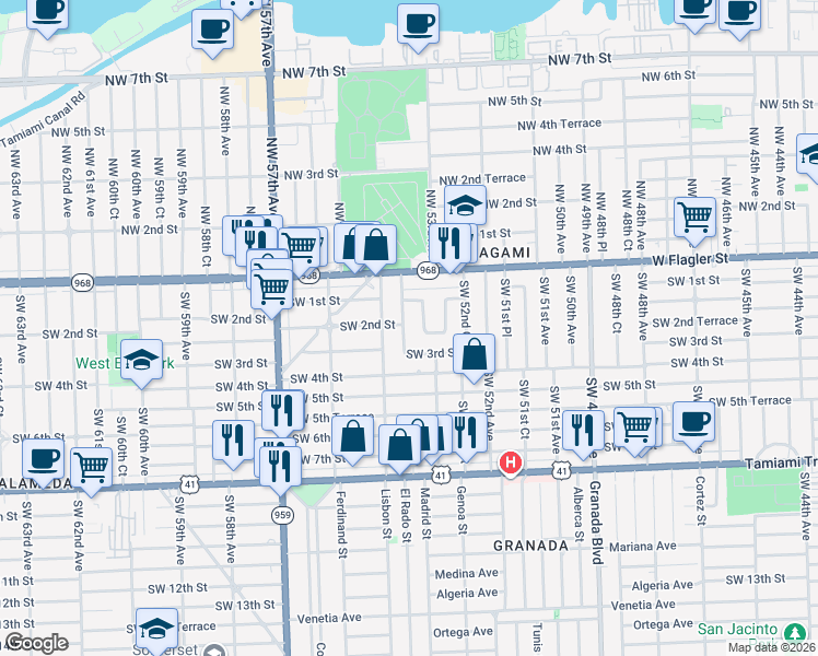 map of restaurants, bars, coffee shops, grocery stores, and more near 231 Southwest 54th Avenue in Coral Gables
