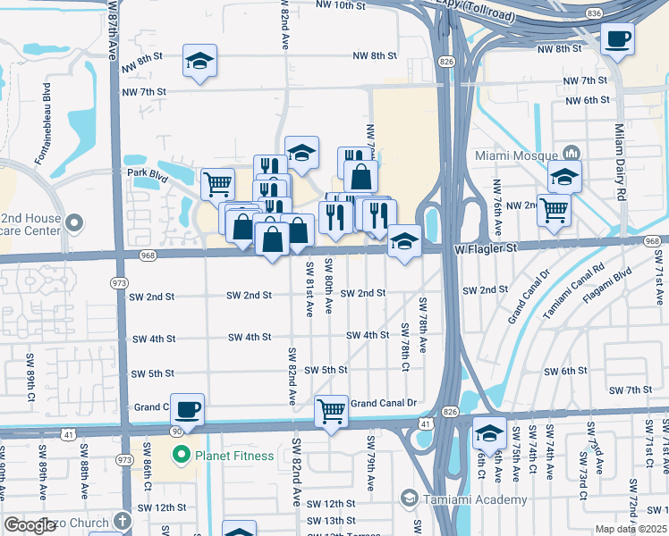 map of restaurants, bars, coffee shops, grocery stores, and more near 122 Southwest 80th Avenue in Miami