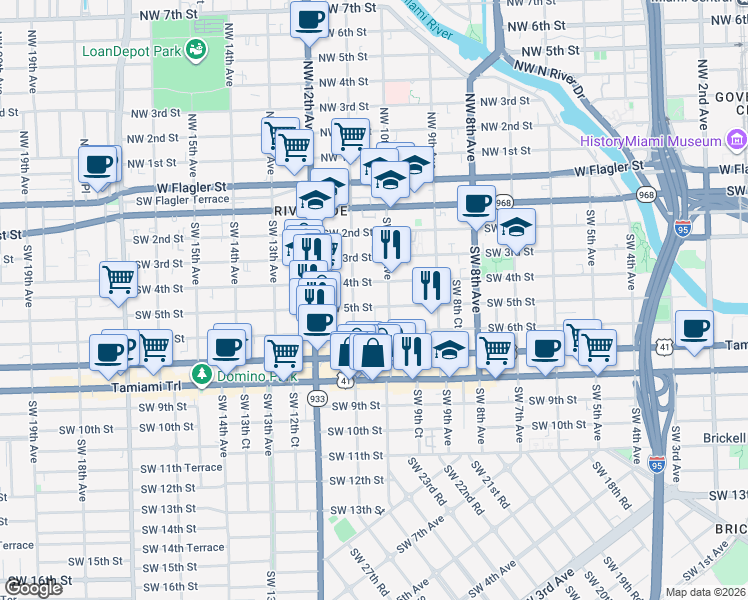 map of restaurants, bars, coffee shops, grocery stores, and more near 1060 Southwest 5th Street in Miami