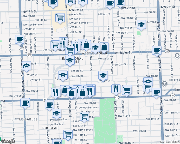map of restaurants, bars, coffee shops, grocery stores, and more near 350 Southwest 34th Avenue in Miami
