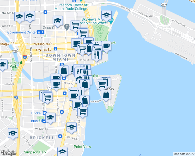 map of restaurants, bars, coffee shops, grocery stores, and more near 801 Brickell Key Boulevard in Miami
