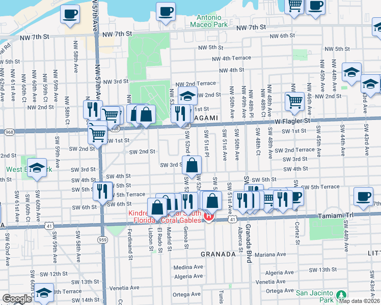 map of restaurants, bars, coffee shops, grocery stores, and more near 220 Southwest 52nd Avenue in Coral Gables