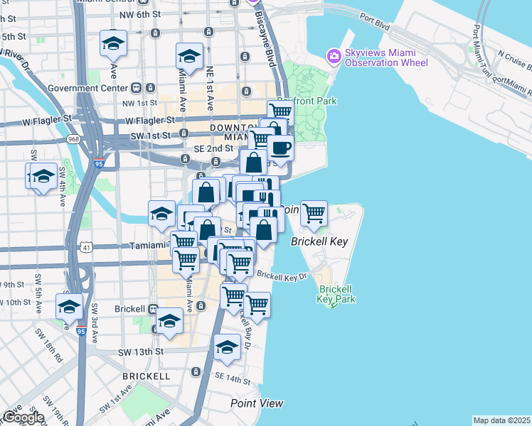 map of restaurants, bars, coffee shops, grocery stores, and more near 495 Brickell Avenue in Miami