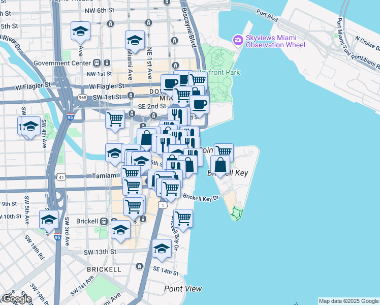 map of restaurants, bars, coffee shops, grocery stores, and more near 495 Brickell Avenue in Miami