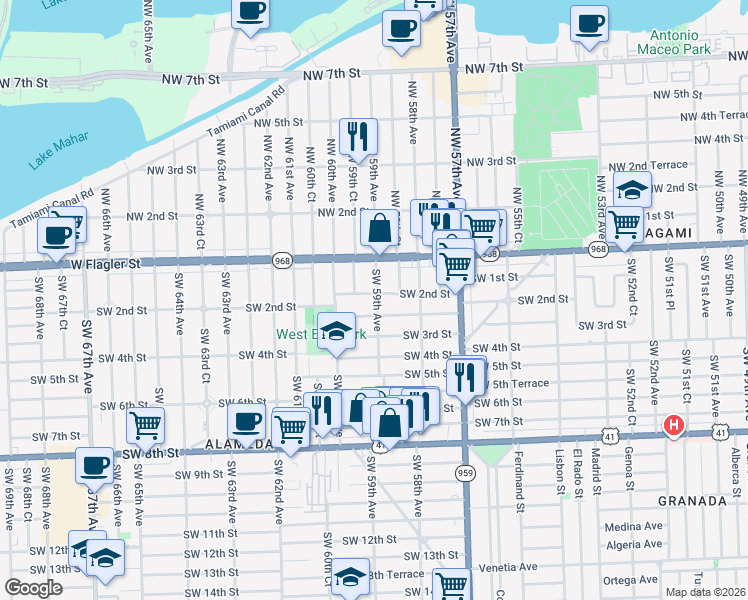 map of restaurants, bars, coffee shops, grocery stores, and more near 5920 Southwest 2nd Terrace in Miami
