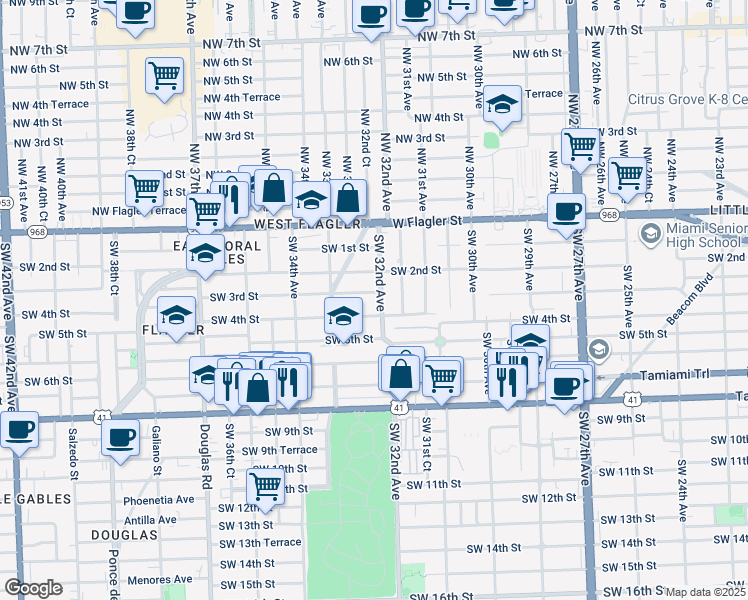 map of restaurants, bars, coffee shops, grocery stores, and more near 3253 Southwest 4th Street in Miami