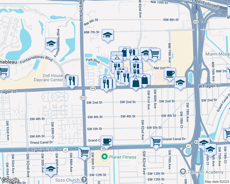 map of restaurants, bars, coffee shops, grocery stores, and more near 120 Southwest 84th Avenue in Miami