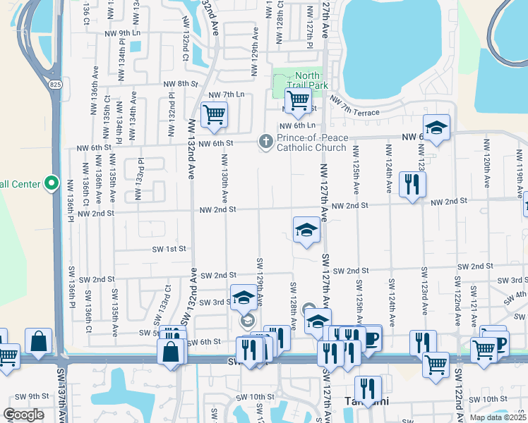 map of restaurants, bars, coffee shops, grocery stores, and more near 101 Northwest 129th Avenue in Miami