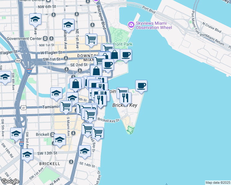map of restaurants, bars, coffee shops, grocery stores, and more near 801 Brickell Key Boulevard in Miami