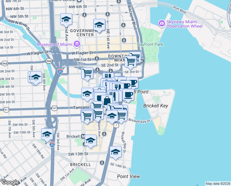 map of restaurants, bars, coffee shops, grocery stores, and more near 41 Southeast 6th Street in Miami
