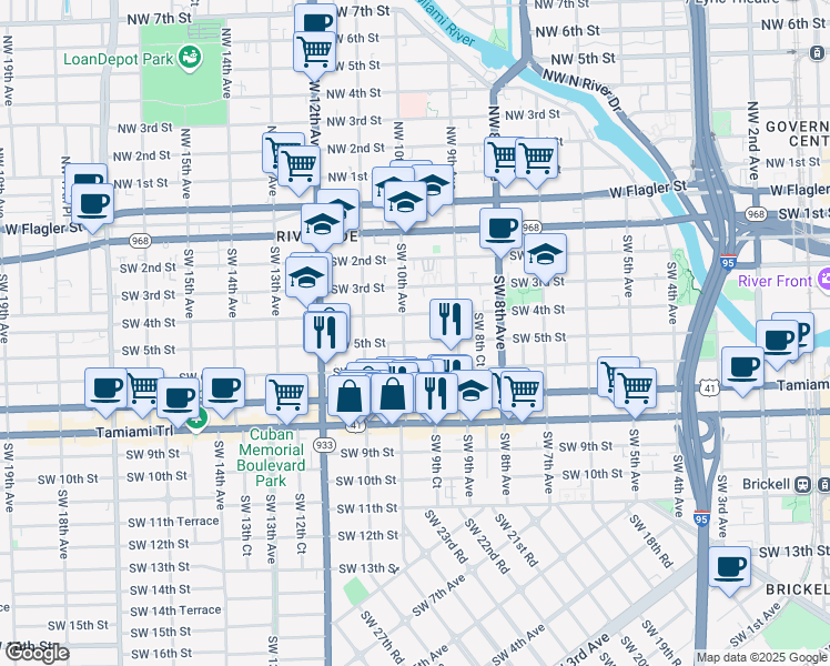 map of restaurants, bars, coffee shops, grocery stores, and more near 507 Southwest 10th Avenue in Miami