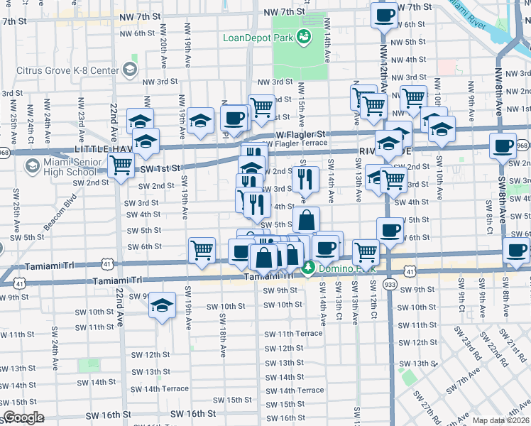 map of restaurants, bars, coffee shops, grocery stores, and more near 1600 Southwest 5th Street in Miami