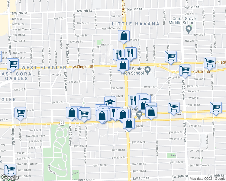 map of restaurants, bars, coffee shops, grocery stores, and more near 2835 Southwest 4th Street in Miami
