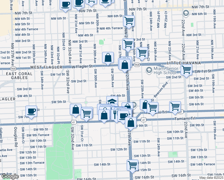 map of restaurants, bars, coffee shops, grocery stores, and more near 2835 Southwest 4th Street in Miami