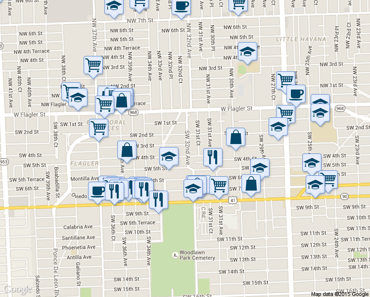 map of restaurants, bars, coffee shops, grocery stores, and more near 3253 Southwest 4th Street in Miami