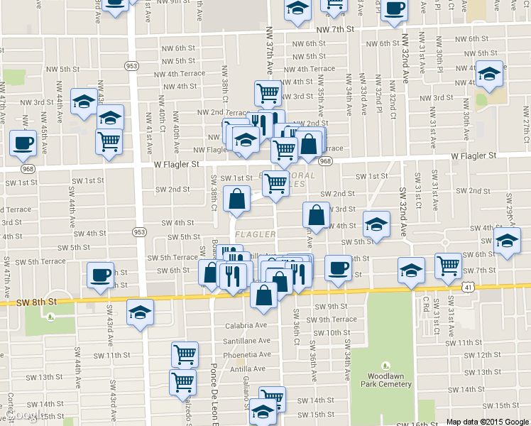 map of restaurants, bars, coffee shops, grocery stores, and more near 14 Fonseca Avenue in Coral Gables