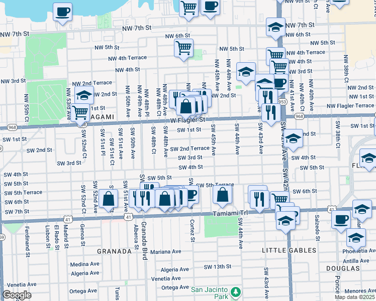 map of restaurants, bars, coffee shops, grocery stores, and more near 4740 Southwest 3rd Street in Coral Gables