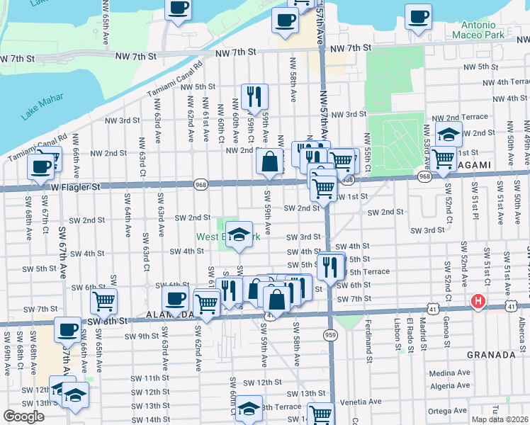 map of restaurants, bars, coffee shops, grocery stores, and more near 5920 Southwest 2nd Terrace in Miami
