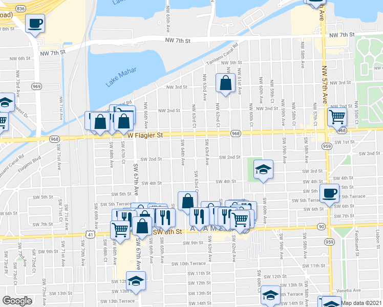 map of restaurants, bars, coffee shops, grocery stores, and more near 200 Southwest 63rd Court in Miami