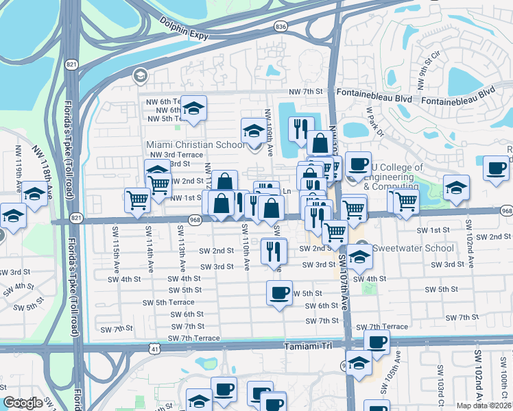 map of restaurants, bars, coffee shops, grocery stores, and more near 10951 West Flagler Street in Miami