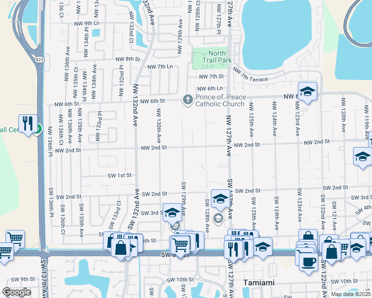 map of restaurants, bars, coffee shops, grocery stores, and more near 101 Northwest 129th Avenue in Miami