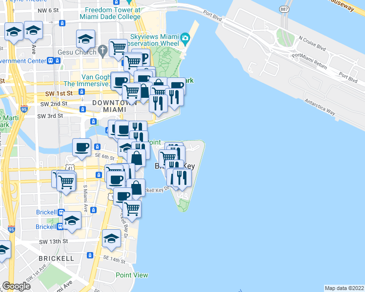 map of restaurants, bars, coffee shops, grocery stores, and more near 900 Brickell Key Boulevard in Miami