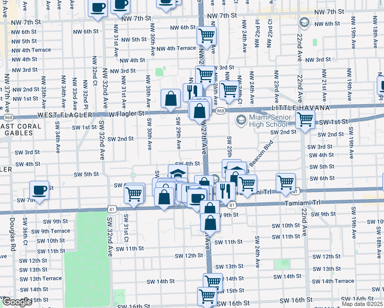 map of restaurants, bars, coffee shops, grocery stores, and more near 2725 Southwest 4th Street in Miami