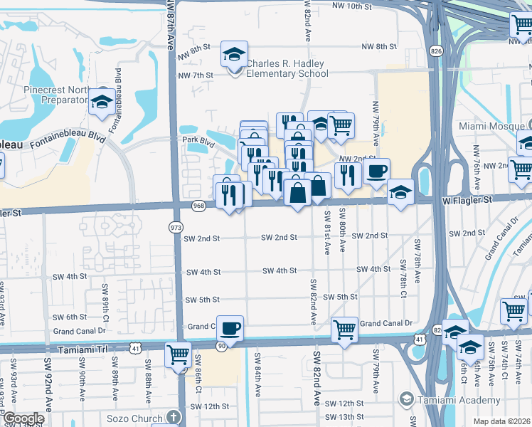 map of restaurants, bars, coffee shops, grocery stores, and more near 8355 Southwest 2nd Street in Miami