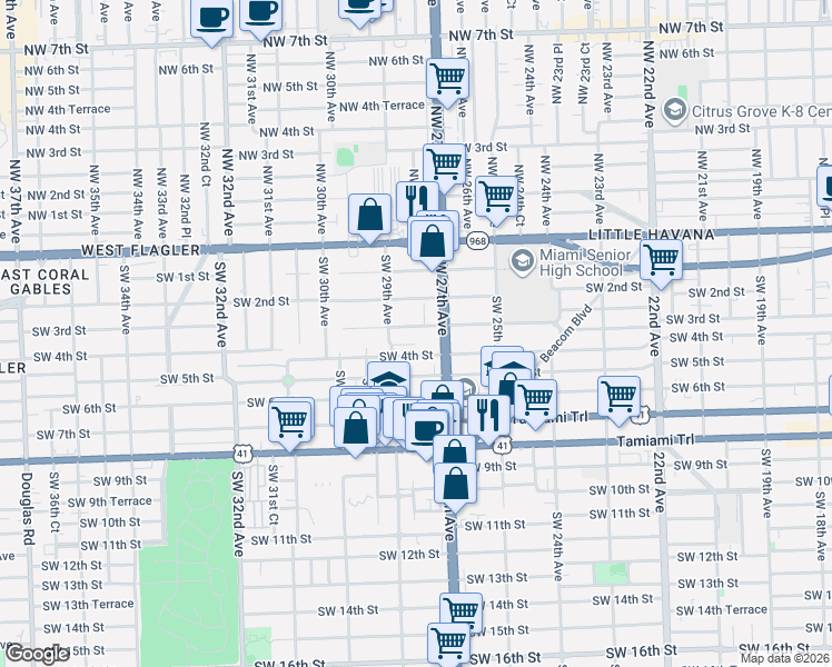 map of restaurants, bars, coffee shops, grocery stores, and more near 2752 Southwest 3rd Street in Miami