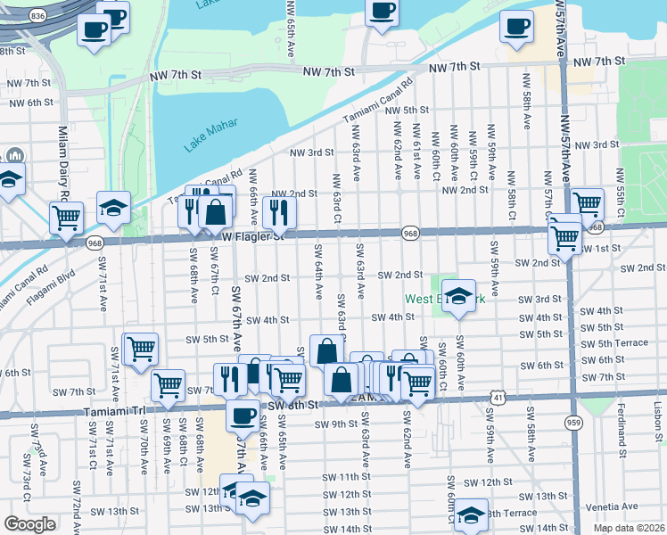 map of restaurants, bars, coffee shops, grocery stores, and more near 200 Southwest 63rd Court in Miami
