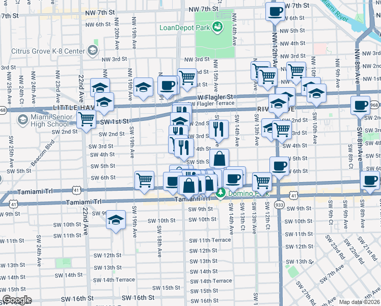 map of restaurants, bars, coffee shops, grocery stores, and more near 1600 Southwest 5th Street in Miami