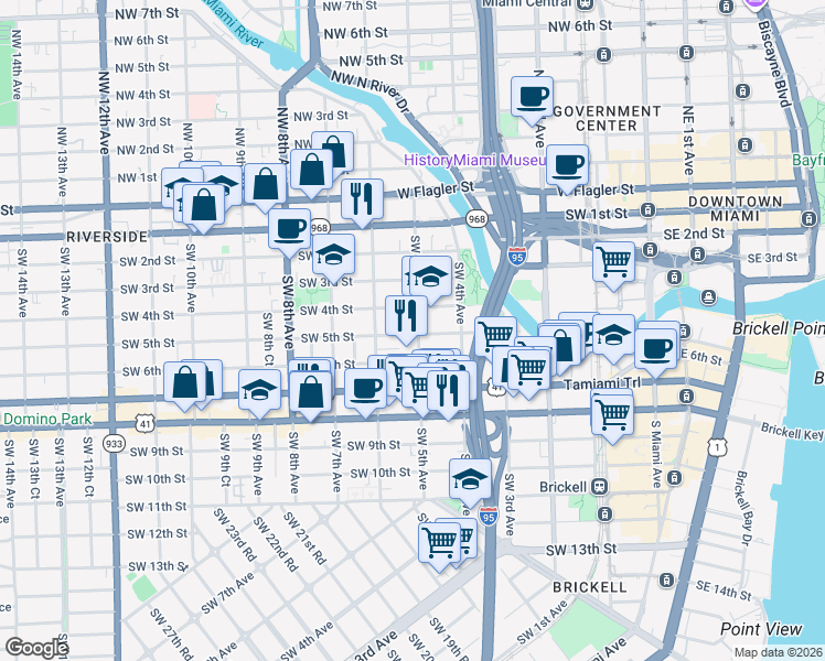 map of restaurants, bars, coffee shops, grocery stores, and more near 562 Southwest 5th Street in Miami