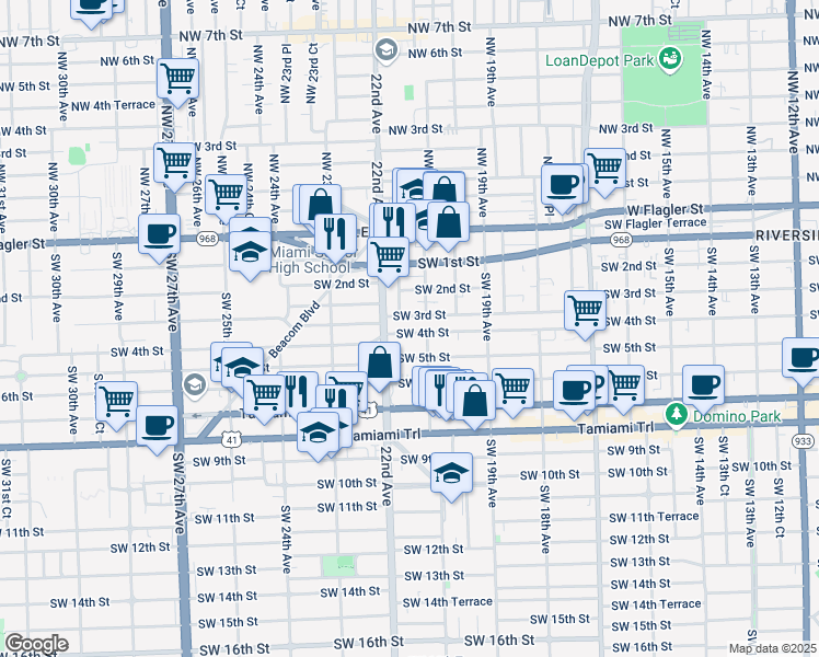 map of restaurants, bars, coffee shops, grocery stores, and more near 405-425 Southwest 22nd Court in Miami
