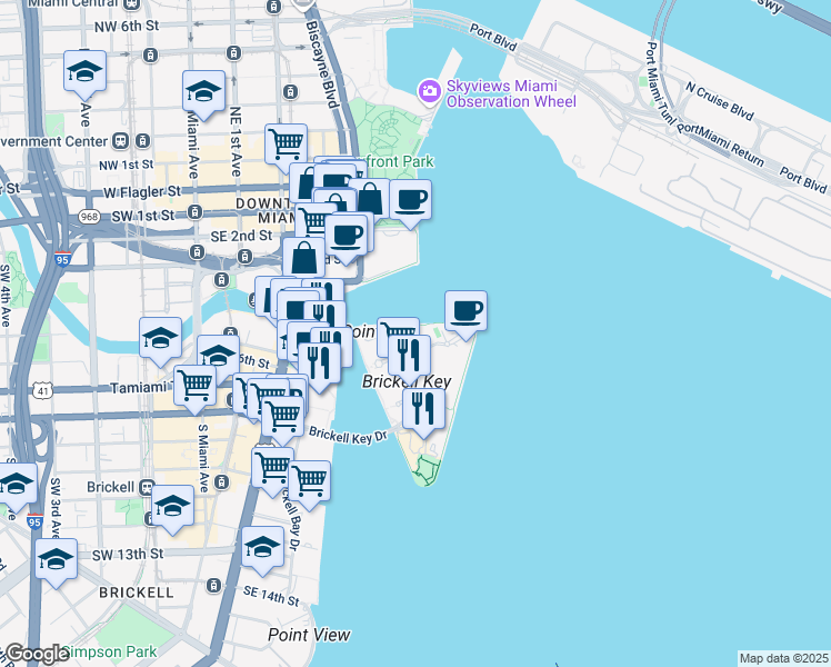 map of restaurants, bars, coffee shops, grocery stores, and more near 900 Brickell Key Boulevard in Miami