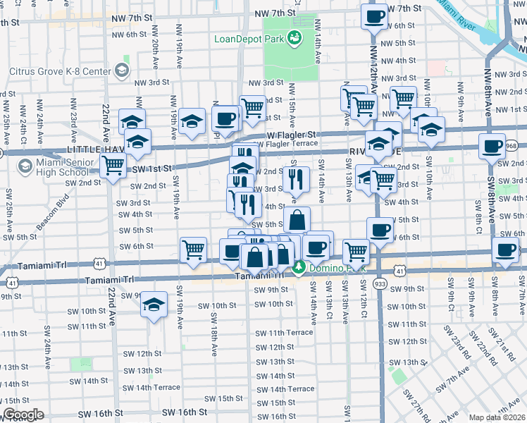 map of restaurants, bars, coffee shops, grocery stores, and more near 1600 Southwest 5th Street in Miami