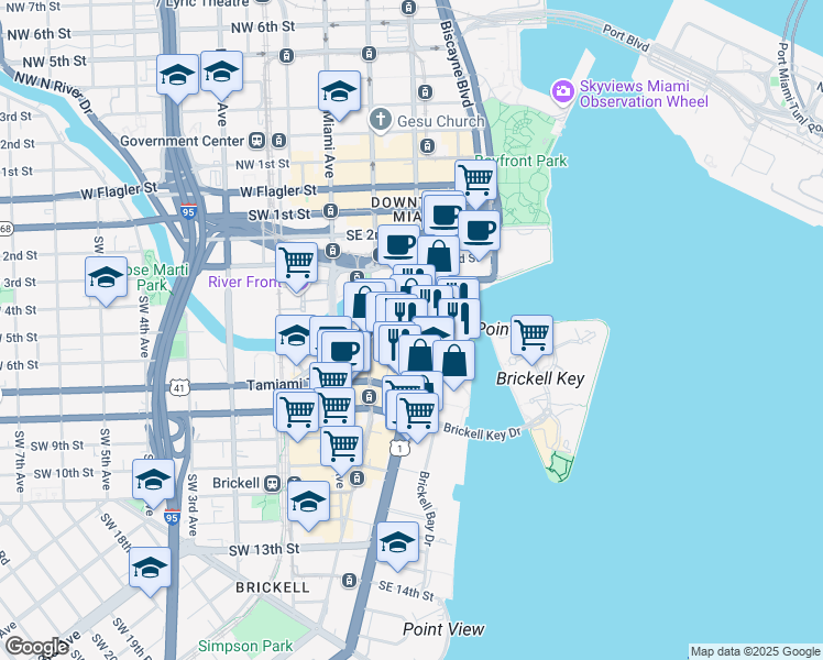 map of restaurants, bars, coffee shops, grocery stores, and more near 444 Brickell Avenue in Miami