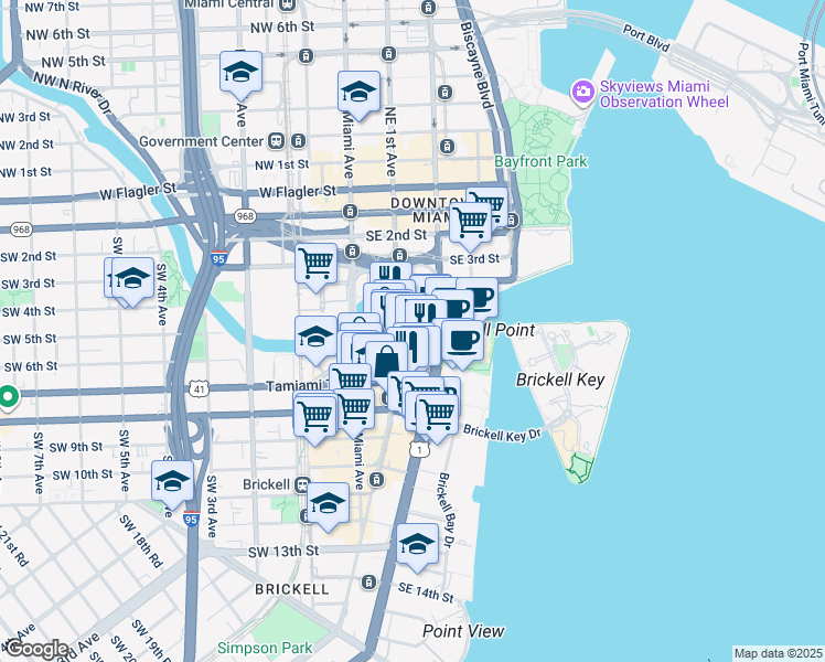 map of restaurants, bars, coffee shops, grocery stores, and more near 41 Southeast 6th Street in Miami