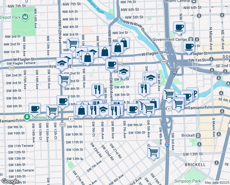 map of restaurants, bars, coffee shops, grocery stores, and more near in Miami