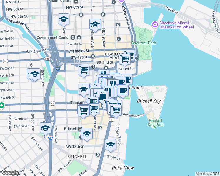 map of restaurants, bars, coffee shops, grocery stores, and more near 41 Southeast 6th Street in Miami