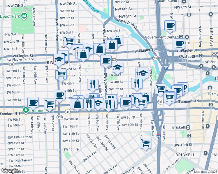 map of restaurants, bars, coffee shops, grocery stores, and more near in Miami