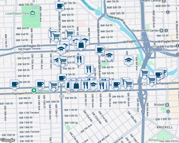 map of restaurants, bars, coffee shops, grocery stores, and more near 534 Southwest 9th Avenue in Miami