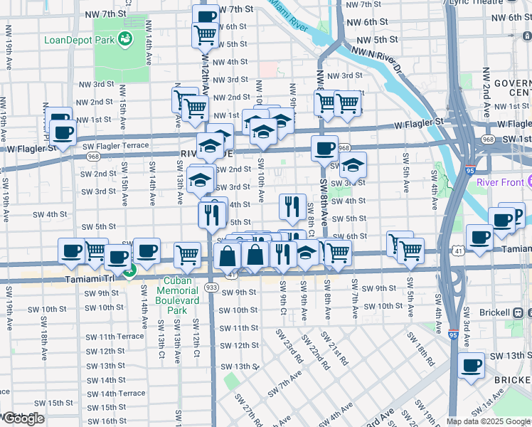 map of restaurants, bars, coffee shops, grocery stores, and more near 507 Southwest 10th Avenue in Miami