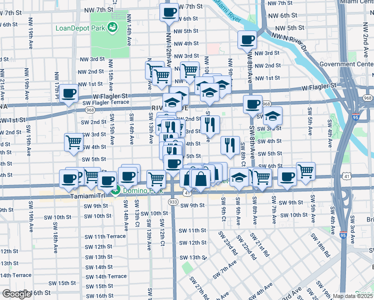 map of restaurants, bars, coffee shops, grocery stores, and more near 1060 Southwest 5th Street in Miami