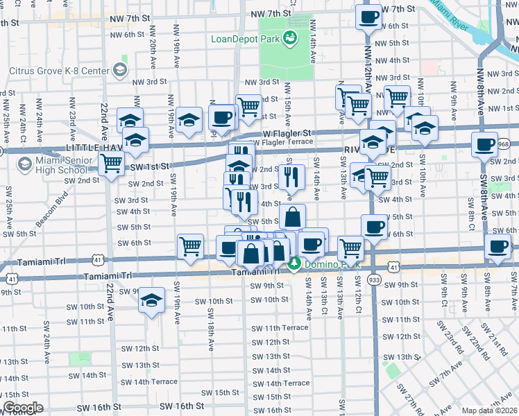 map of restaurants, bars, coffee shops, grocery stores, and more near 1600 Southwest 5th Street in Miami